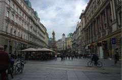 Street scene with a man on a bicycle under a stormy sky in Vienna, Austria