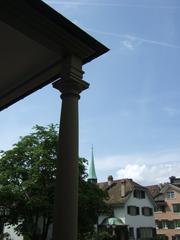 View of St Peter Church in Zurich with Bahnhofstrasse and Paradeplatz in the background