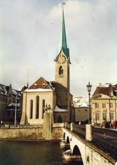 Church Frauenmunster with a bridge across the Limmat River