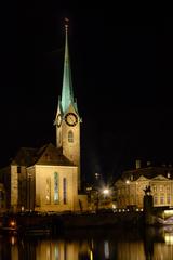 Fraumünster at night in Zurich, Switzerland