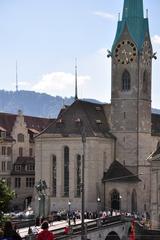 Fraumünster in Zürich as seen from Grossmünster with Münsterbrücke in the foreground and Uetliberg in the background