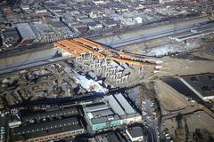 Arial photograph of East LA Interchange and LA River Bridge construction in 1959