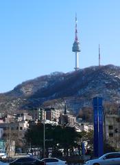 Seoul Tower at dusk with city skyline in the background