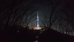 N Seoul Tower at night illuminated with colorful lights