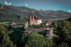 Drone view of Gruyères Castle during summer