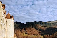 Castle of Gruyères south-eastern tower with Dent du Chamois and Dent du Bourgo in the background