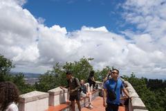 Panoramic view of Lisbon with traditional red rooftops, historic buildings, and the Tagus River in the background