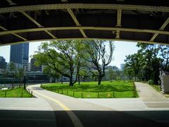 panoramic view of Nakanoshima, an island in Osaka, Japan, featuring modern architecture and lush greenery