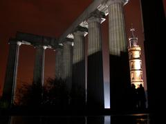 Calton Hill on a sunny day with historical monuments