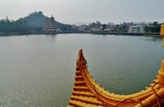 View from the Wuli Pavilion to the Tiger and Dragon Pagodas at the Lotus Pond, Kaohsiung, Taiwan