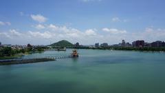 Lotus Pond in Kaohsiung with traditional structures and lotus flowers