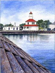 New Basin Canal Lighthouse and Coast Guard Station watercolor painting