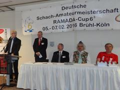 Mayor Dieter Freytag greets participants of the 15th German Chess Amateur Championship 2015/2016 in Brühl near Cologne