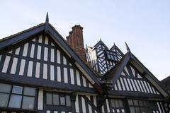 Oak House roof with intricate design against a clear blue sky