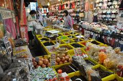 dried food vendor next to a female underwear shop at Raohe Street Night Market