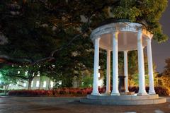 Old Well at UNC at night with Old East dormitory in the background