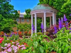 The Old Well at UNC-Chapel Hill facing Old West with blooming flowers