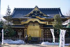 View of Ueno Toshogu Shrine's main hall and Karamon gate from the approach path