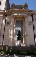 exterior detail of Palacio Cousiño with sculpture, Italian majolica medallions and faience cloth