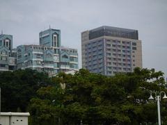 View of Bizhong Street buildings and Fullon Hotel in Kaohsiung from Love Pier