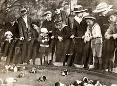 Children and parents looking at guinea pigs in Artis Zoo, Amsterdam, 1919