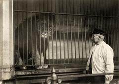 Meneer Eikendal standing next to a lion cage at Artis zoo in 1917