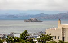 View of Alcatraz from Pioneer Park in San Francisco, California