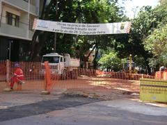 construction sign at Savassi Square in Belo Horizonte Brazil