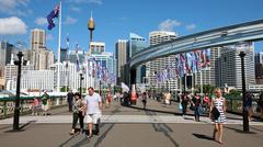 Pedestrians crossing the bridge over Darling Harbour in Sydney