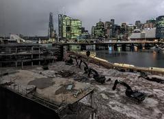 Dusk view of Darling Harbour, Pyrmont Bridge, and the Harbourside Shopping Centre demolition from the Sofitel Hotel, Sydney