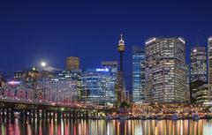 Sydney from Darling Harbour with full moon