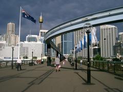 Pyrmont Bridge in Sydney, Australia with clear blue sky