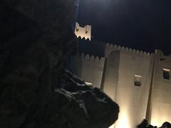 Night view of Qasr al-Hosn illuminated with lights in Abu Dhabi