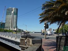 Aerial view of Crown Casino tower and Queens Bridge in Melbourne