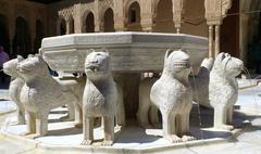 Fuente de los Leones with restored lions at La Alhambra in Granada