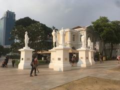 Statues of Naraina Pillai, Stamford Raffles, Tan Tock Seng, Munshi Abdullah, and Sang Nila Utama at Raffles' Landing Site in Singapore