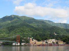 Ram Jhula bridge in Rishikesh with surrounding scenic views