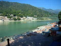 Ghats on the Ganges River with Ram Jhula bridge at Muni ki Reti, Rishikesh