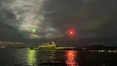 Illuminated Indian Navy ships near RK Beach, Visakhapatnam on Navy Day 2021