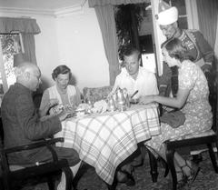 Prime Minister Jawaharlal Nehru with Earl and Countess Mountbatten enjoying tea at Vicerigal Lodge, Simla