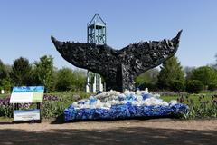 sculpture made of trash in Reiman Gardens