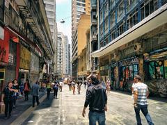 Old Downtown Sao Paulo with dilapidated buildings and a bustling street scene