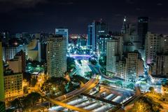 Night city traffic at Terminal Bandeira in São Paulo, Brazil