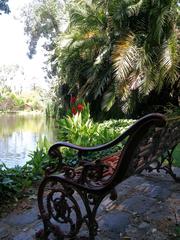 wrought iron seat by the lake at Rippon Lea estate