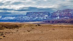 Free range ponies with snow-dusted Vermilion Cliffs in Marble Canyon, Arizona