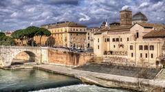 Isola Tiberina in Rome, Italy, view of the island in the Tiber River