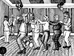 Pen and ink drawing of Snug Harbor Sailors dancing at a party