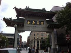 Chinatown Boston street view with colorful signs and pedestrians