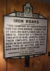 Historical marker of Saugus Iron Works erected by Company of Undertakers