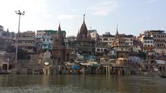 Varanasi ghats seen from a boat on the Ganges river